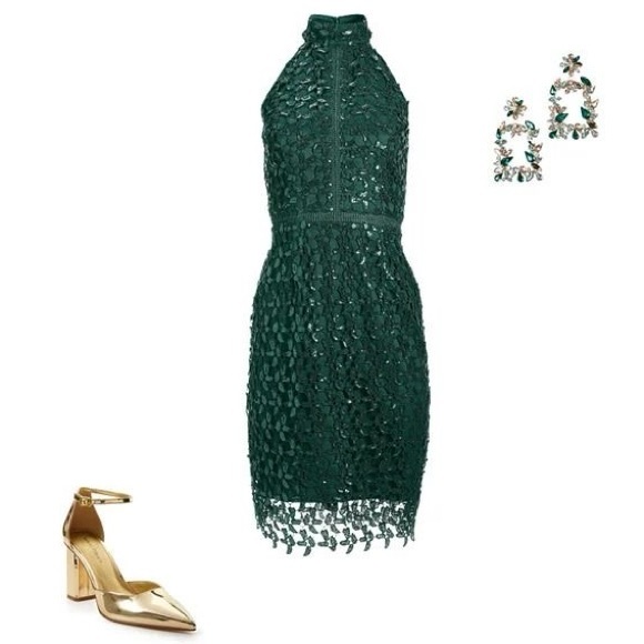 NEW Boston Proper Deep Emerald Sequin Lace High Mock Neck Sheath Dress Size 4 - Picture 4 of 16